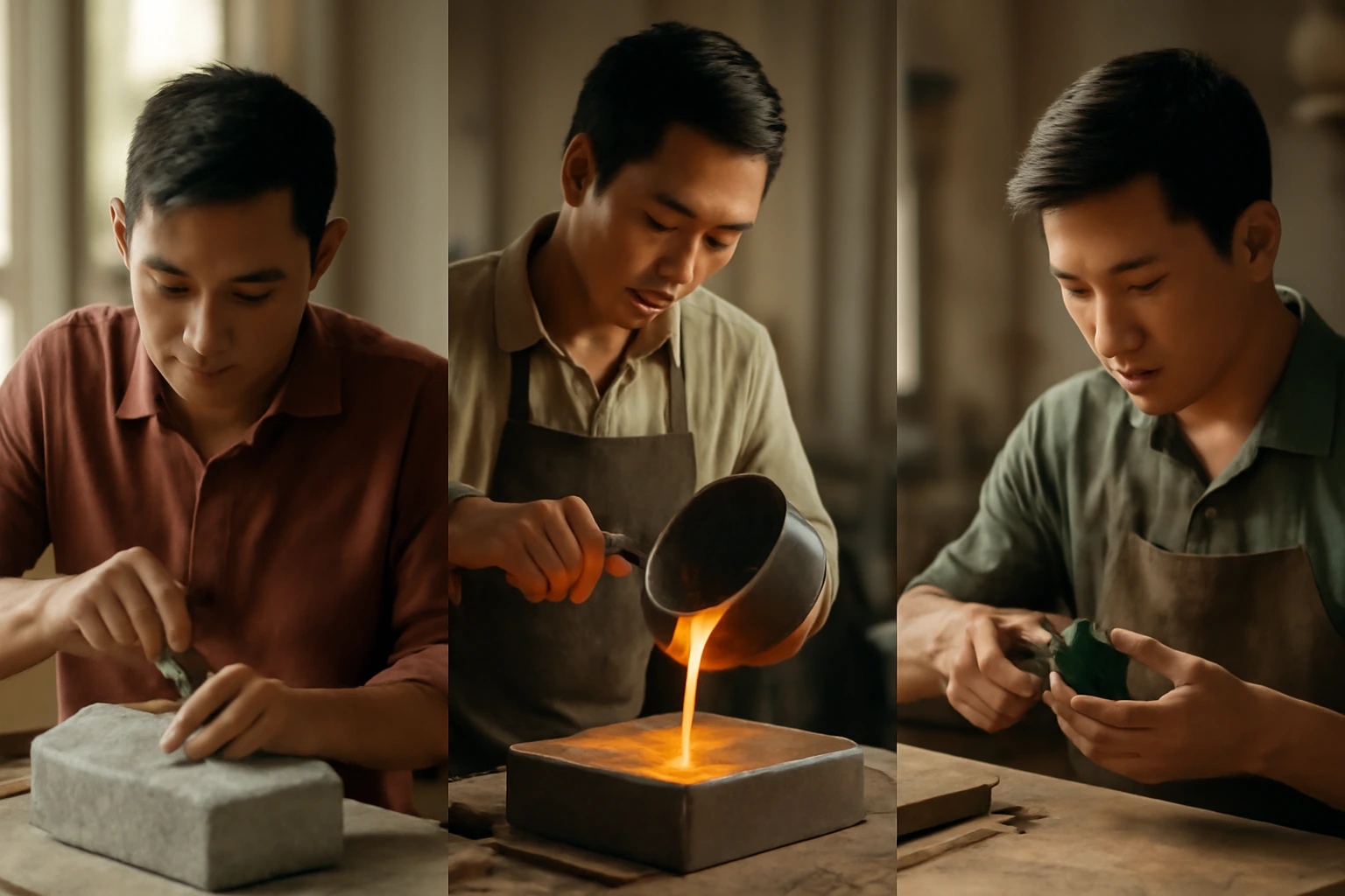 Chất liệu và kỹ thuật định hình phong cách tỳ hưu: chạm đá, đúc đồng, mài ngọc, chạm gỗ